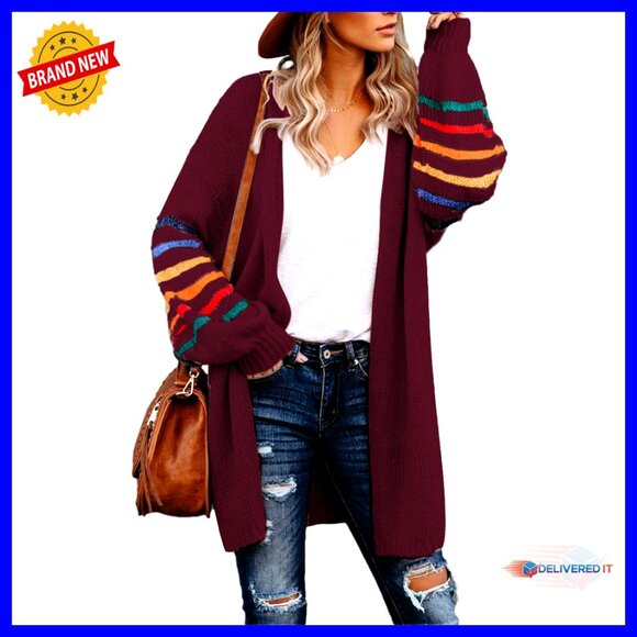 Long Open Front Cardigan Striped Color Block Loose Knit Sweater Oversized Chic